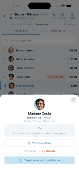 Perfil de un jugador: posición, categoría y opciones para desafiarlo